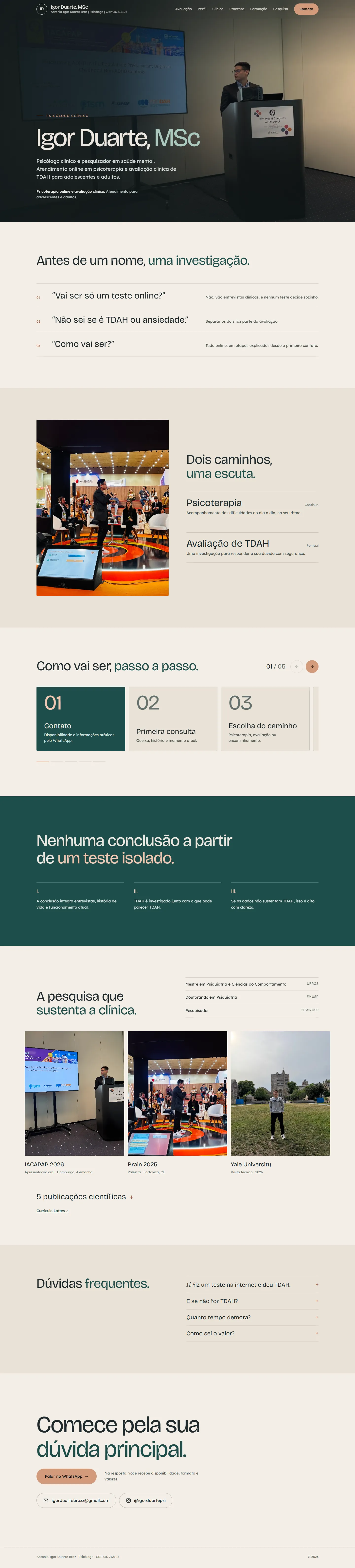 Página inicial do site de Igor Duarte, psicólogo clínico